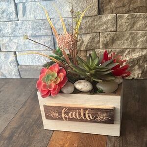 Faith Wooden Planter with Colorful Succulents